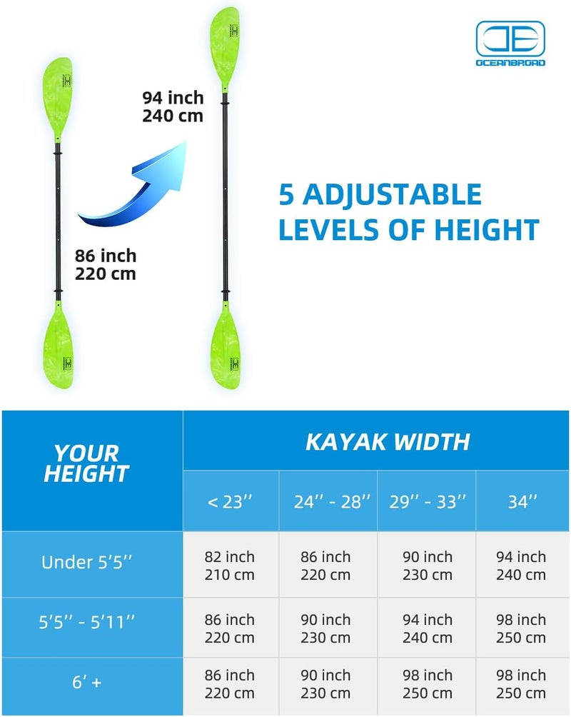 OCEANBROAD Adjustable Kayak Paddle 86in/220cm to 94in/240cm Kayaking Boating Canoeing Oar with Paddle Leash 1 Paddle - Image 3